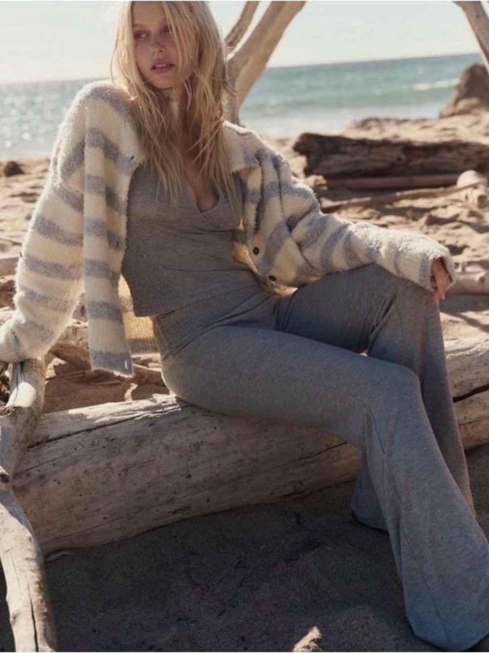 Free People Relaxed Wide-Leg Knit Pants in Heather Gray